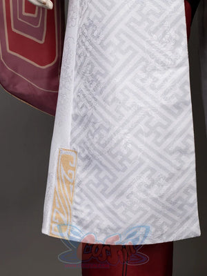 Honkai: Star Rail Jing Yuan cosplay sleeve detail drops a white patterned cuff below dark red patterned fabric and a red hem.