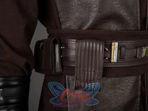 Halloween Anakin Skywalker cosplay belt set layers pouches anchored by silver and gold metallic buckles over a fabric tunic.