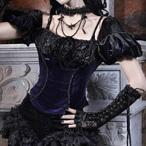 Elegy Day Gothic Velvet Puff Sleeve Backless Corset Top