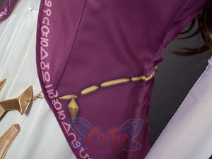 Twilight Princess Zelda cosplay garment traces white script characters above gold printed details on deep purple fabric.