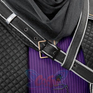 Clair Obscur: Expedition 33 Gustave cosplay tunic anchors silver buckle trim over purple pinstriped vest.