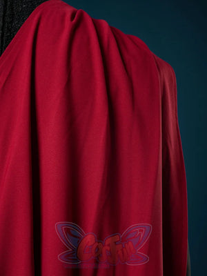 Jacaerys Velaryon cosplay cape gathers deep red draping fabric across shoulder seams in full back view.