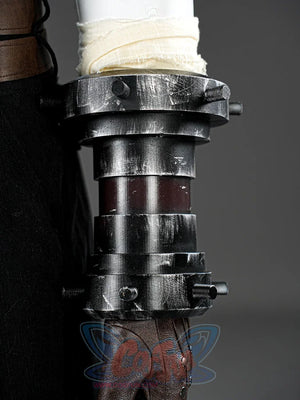 Final Fantasy VII Rebirth FF7R Cloud Strife cosplay gauntlet balances silver and maroon metallic panels.