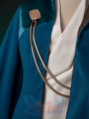 The Acolyte Mon Mothma cosplay coat anchors a teal collared outer layer with a gold emblem and attached metal chains.