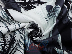 Venom: The Last Dance Eddie Brock cosplay shirt fabric close-up traces palm fronds in black, grey, and white tones.