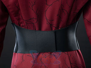 Rhaenyra Targaryen cosplay set pairs a dark-red patterned dress against a black wide waist belt topped by pointed edges.