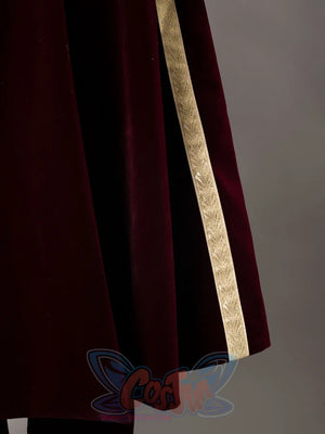 Halloween Padme Amidala cosplay cape drops a split hem edged in woven gold jacquard leaf-pattern ribbon trim.