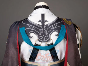 Honkai: Star Rail Jing Yuan cosplay back view traces a teal harness crest above a waist sash and gold shoulder piece.
