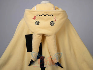 Front display of yellow spark cute cape dress with adorable face and lightning bolt details