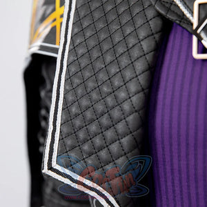 Clair Obscur: Expedition 33 Gustave cosplay coat drops quilted faux leather panel beside purple textured lining.