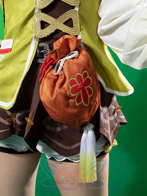 Genshin Impact Yaoyao cosplay outfit traces light green vest over brown tunic in a detailed costume view.