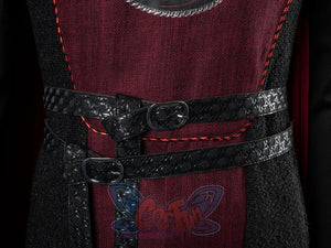 Jacaerys Velaryon cosplay belt pairs dual silver buckles across woven black straps on burgundy and black garment.