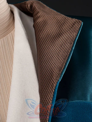 The Acolyte Mon Mothma cosplay jacket traces a teal interior and textured brown lapel alongside a cream inner shirt.