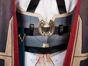 Honkai: Star Rail Jing Yuan cosplay waistband centers a U-shaped gold emblem on a wide blue-grey belt between red-lined.