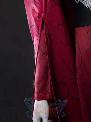 Rhaenyra Targaryen cosplay sleeve traces an all-over black branch pattern across deep red fabric dropping to a split cuff.