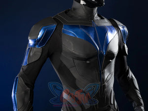 Nightwing cosplay costume - Three-quarter view with blue armor and black suit details