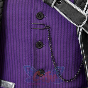 Clair Obscur: Expedition 33 Gustave cosplay vest centers metal button-chain embellishment against silver-trimmed outerwear.