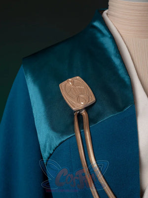 The Acolyte Mon Mothma cosplay coat centers a contrast satin yoke detail in a detailed costume view.
