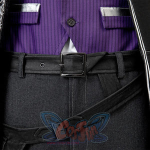 Clair Obscur: Expedition 33 Gustave cosplay waist detail pairs purple pinstripe vest over grey pants and holster strap.
