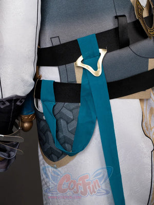 Honkai: Star Rail Jing Yuan cosplay bodice layers grey upper panels over a patterned skirt anchored by a teal drape and gold.