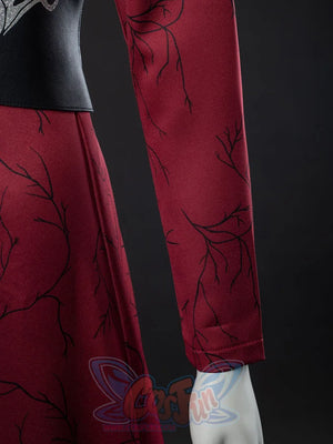 Rhaenyra Targaryen cosplay costume balances silver top-stitching along black tree-branch patterns.