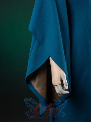 The Acolyte Mon Mothma cosplay cloak frames a dark cyan-blue woolen hem in a detailed costume view.