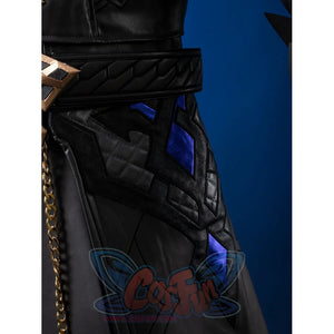 Genshin Impact Il Capitano cosplay tunic centers iridescent blue diamond overlays above metallic belt and gold chain drape.