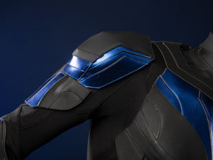 Nightwing cosplay costume - Lower body detail with blue accents and black panels