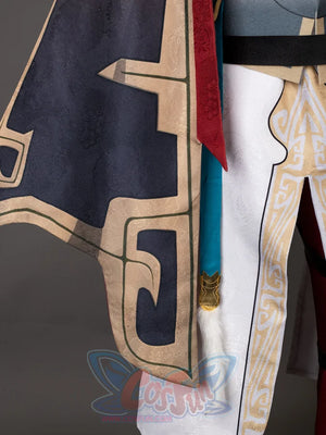 Honkai: Star Rail Jing Yuan cosplay panels trace extensive gold-patterned borders over white undergarments and hanging red.