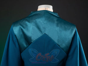 The Acolyte Mon Mothma cosplay jacket highlights a V-shaped color-blocked shoulder yoke in contrasting darker teal satin.