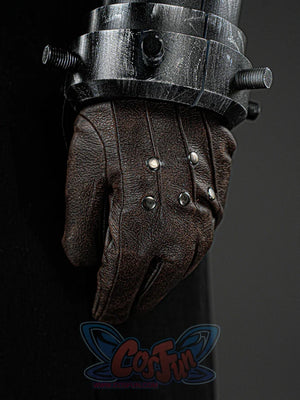 Final Fantasy VII Rebirth FF7R Cloud Strife cosplay glove and cuff set balances circular leather studs under a heavy grey.
