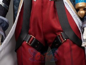 Honkai: Star Rail Jing Yuan cosplay leg detail pairs red pants and black thigh straps above gold cuffs and patterned sleeves.