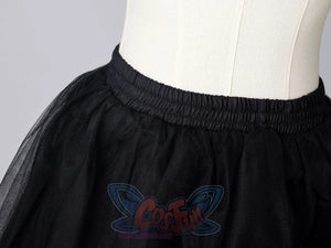 Elastic waistband detail of black skirt included with yellow spark cute cape dress outfit