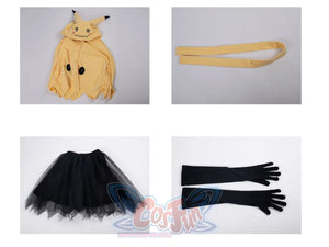 Complete yellow spark cute cape dress cosplay set with all accessories and components displayed