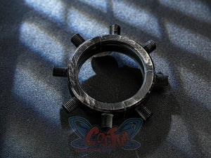 Final Fantasy VII Rebirth FF7R Cloud Strife cosplay bracelet accessory centers radiating metal screws around an aged black.
