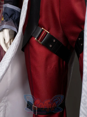 Honkai: Star Rail Jing Yuan cosplay lower section layers grey patterned panels over a red garment secured by black straps.