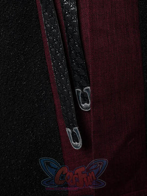 Jacaerys Velaryon cosplay vest balances braided black trim against decorative metallic U-clips on textured maroon panel.