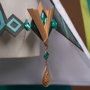 Genshin Impact Nefer Cosplay Costume, green ribbons on left side and decorated with gold in the middle.