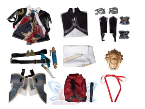 Honkai: Star Rail Jing Yuan cosplay flat lay sets a sculpted lion head ornament.