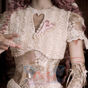 Rococo Duchess Lace Crop Top with Heart Cutout and Crew Neck
