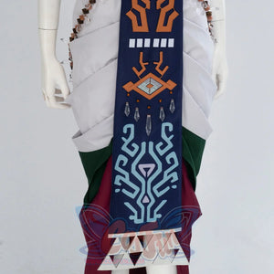 The Legend of Zelda Tears of the Kingdom Queen Sonia cosplay skirt frames a dark blue front sash with appliques and hanging.