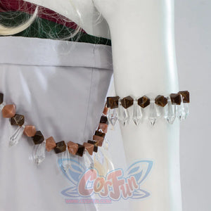 The Legend of Zelda Tears of the Kingdom Queen Sonia cosplay bodice pairs brown beadwork and hanging crystalline prisms near.