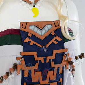 The Legend of Zelda Tears of the Kingdom Queen Sonia cosplay chest panel pairs brown overlays and a yellow crescent charm.