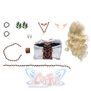 The Legend of Zelda Tears of the Kingdom Queen Sonia cosplay set layers a beaded necklace and leaf ornaments over a.