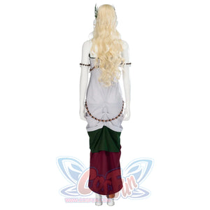 The Legend of Zelda Tears of the Kingdom Queen Sonia cosplay costume back view traces green and maroon layered panels draped.