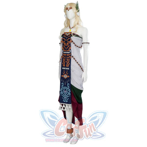 The Legend of Zelda Tears of the Kingdom Queen Sonia cosplay dress centers a strapless color-blocked silhouette anchored by.
