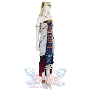 The Legend of Zelda Tears of the Kingdom Queen Sonia cosplay costume balances embroidered sashes and beaded garlands.