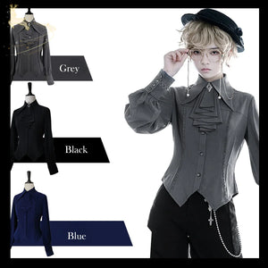 PRE-SALE Black Blue Grey Retro Lolita Medieval Scarf Mutton Sleeve Shirt S23012 - cosfun