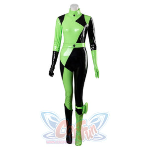 Kim Possible Shego cosplay jumpsuit anchors a green belt above mismatched gloves and boot covers.