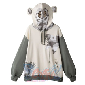 Flat lay of gorilla Full Zip Hoodie with hood up, showcasing pixelated gorilla design and cute ears